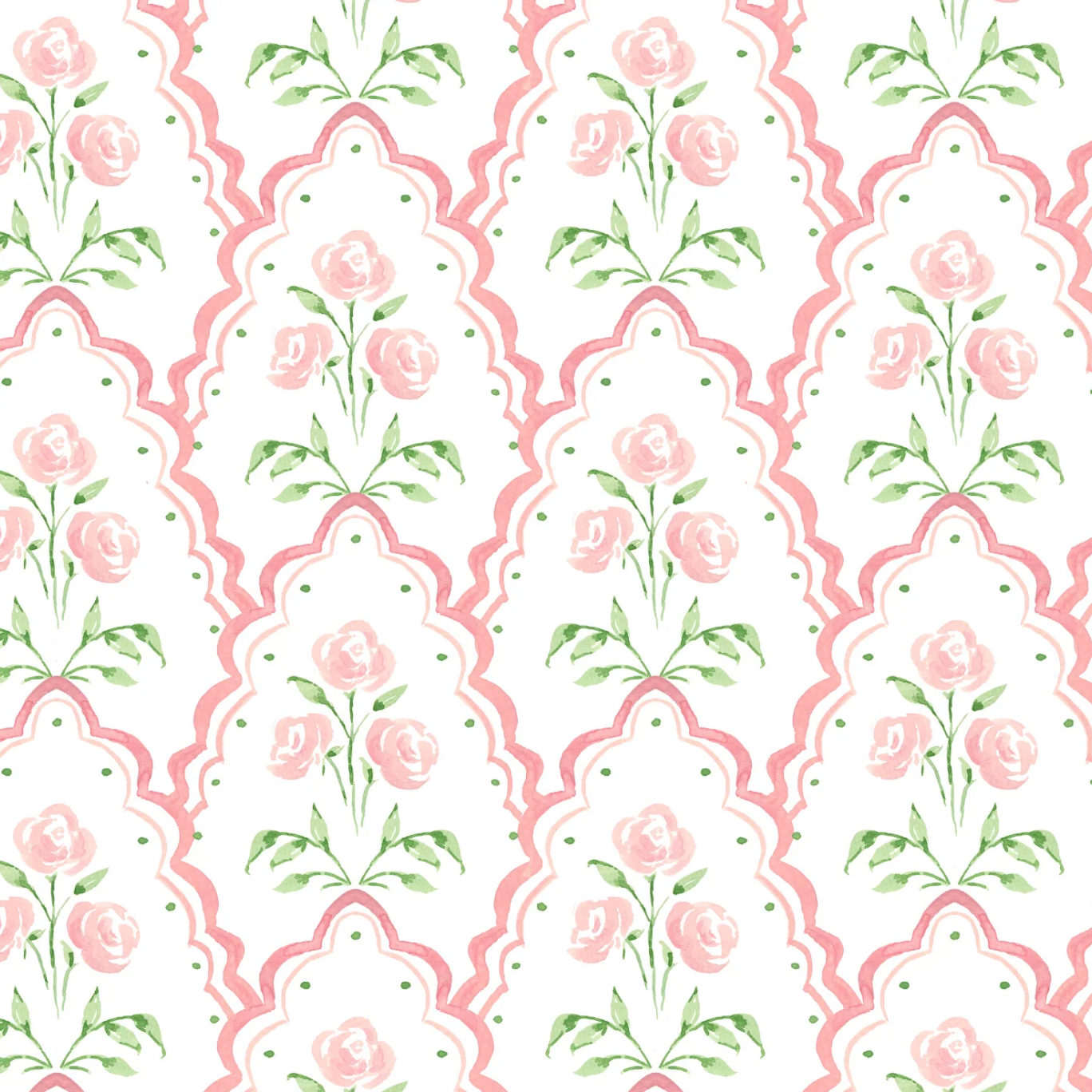 Floral patterned fabric with pink roses and green leaves on a white background