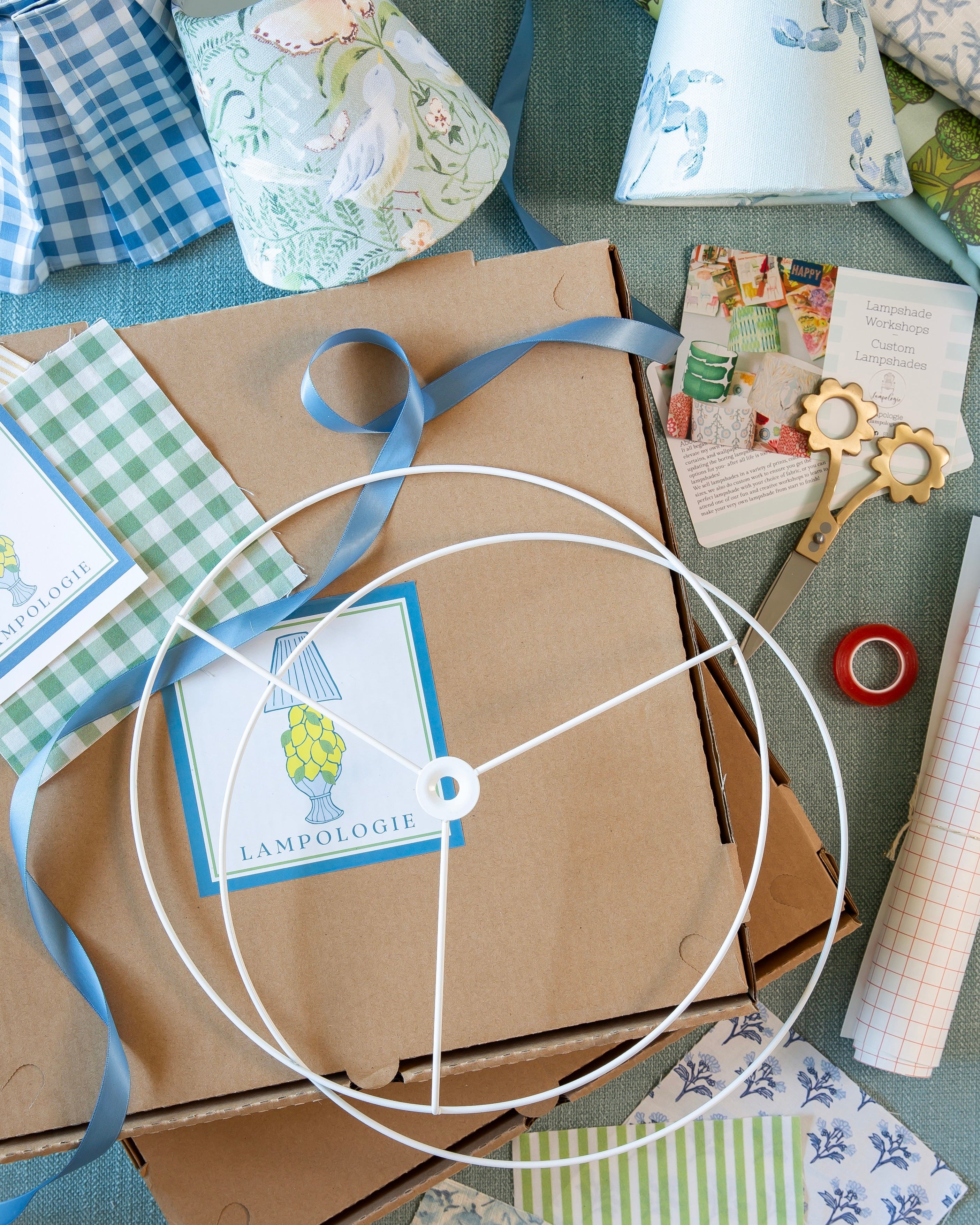 Collection of materials including fabric, ribbons to make your own lampshade